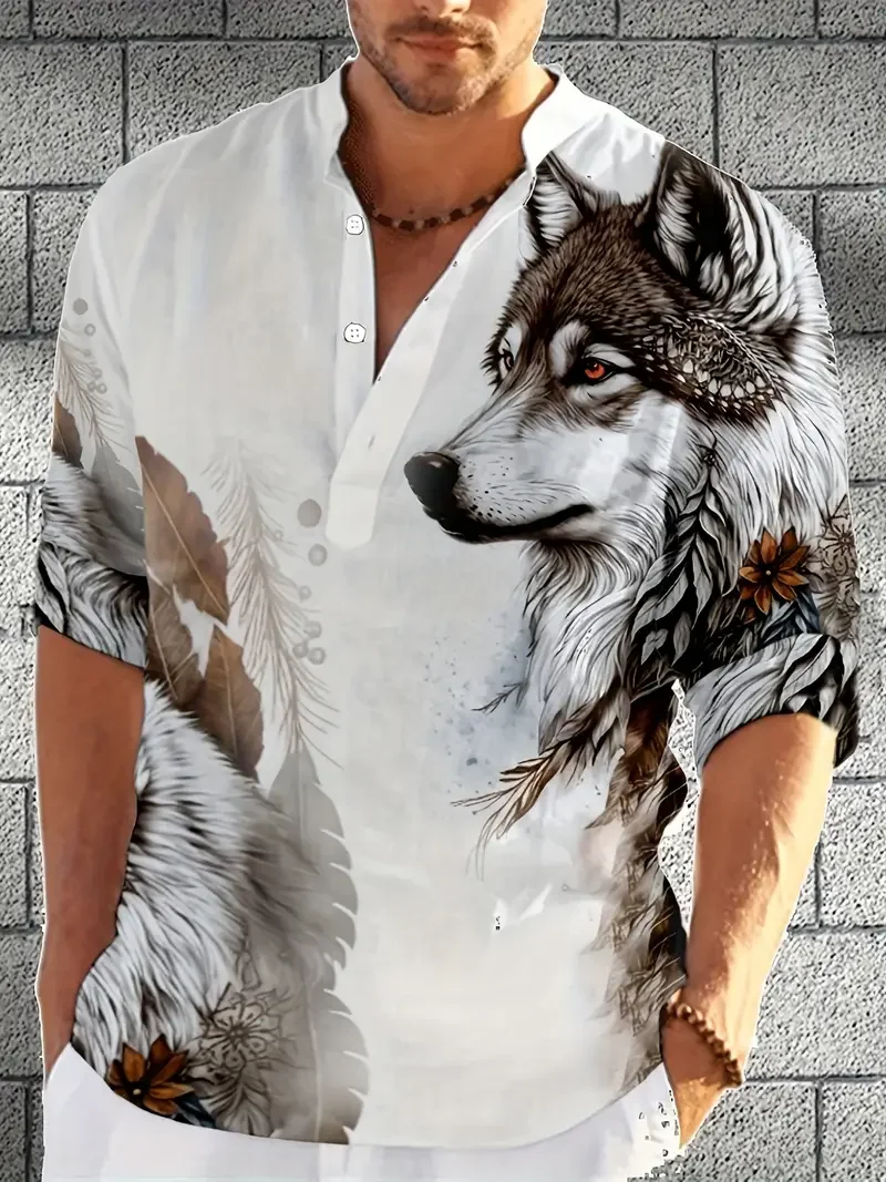 2024 Spring Men\'s High Collar Casual Long sleeved Shirt Animal Wolf Pattern Fashion Street Clothing Style