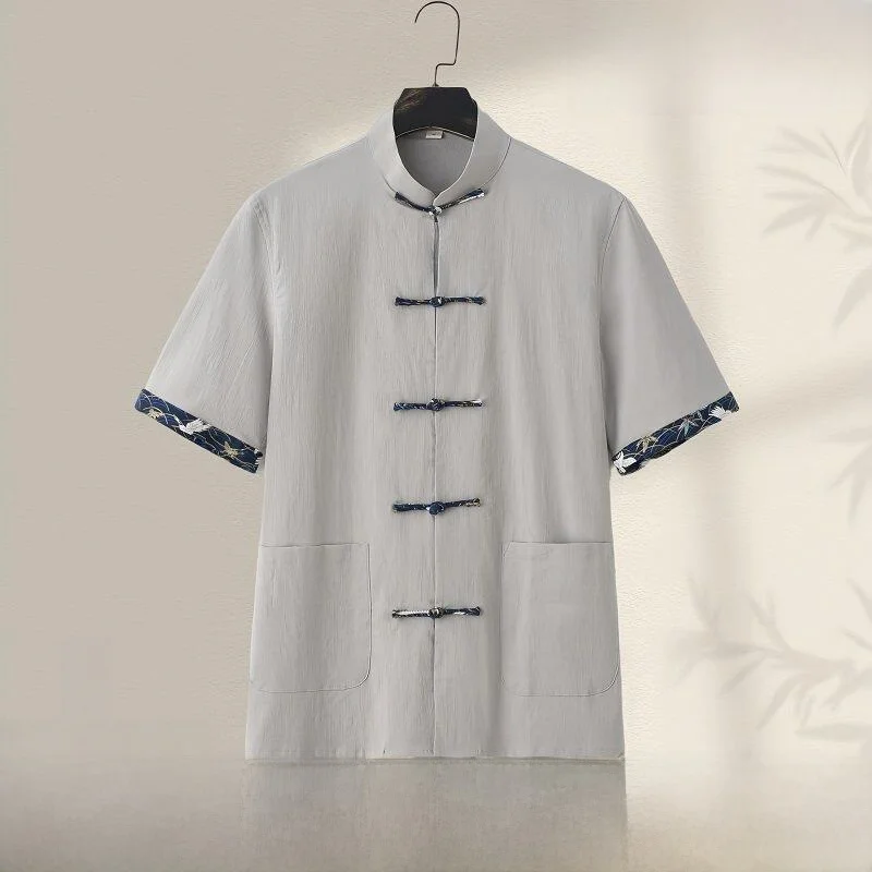 

Рубашка в китайском стиле с коротким рукавом и воротником-стойкой из хлопка и льна для тай-чи и чайной церемонии, повседневная, мужская и женская, летняя, модная