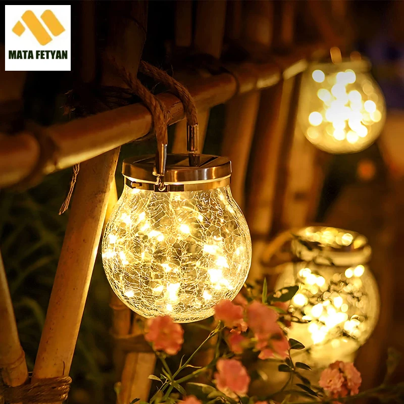 

Outdoor Crack Solar Glass Globe Lantern Hemp Rope Hanging Tree Lantern Waterproof Garden Landscape Light Wishing Light Decor