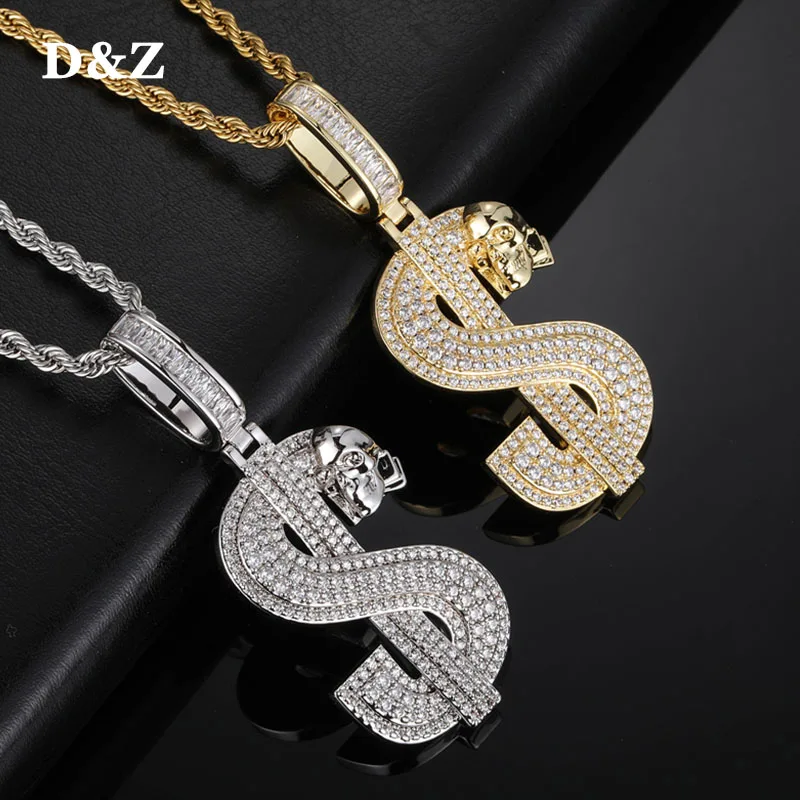 D&Z New US Dollar Symbol Pendant Solid Back Iced Out AAA Cubic Zircon Stones Hip Hop Gold Silver Color Charm Chains Jewelry Gift