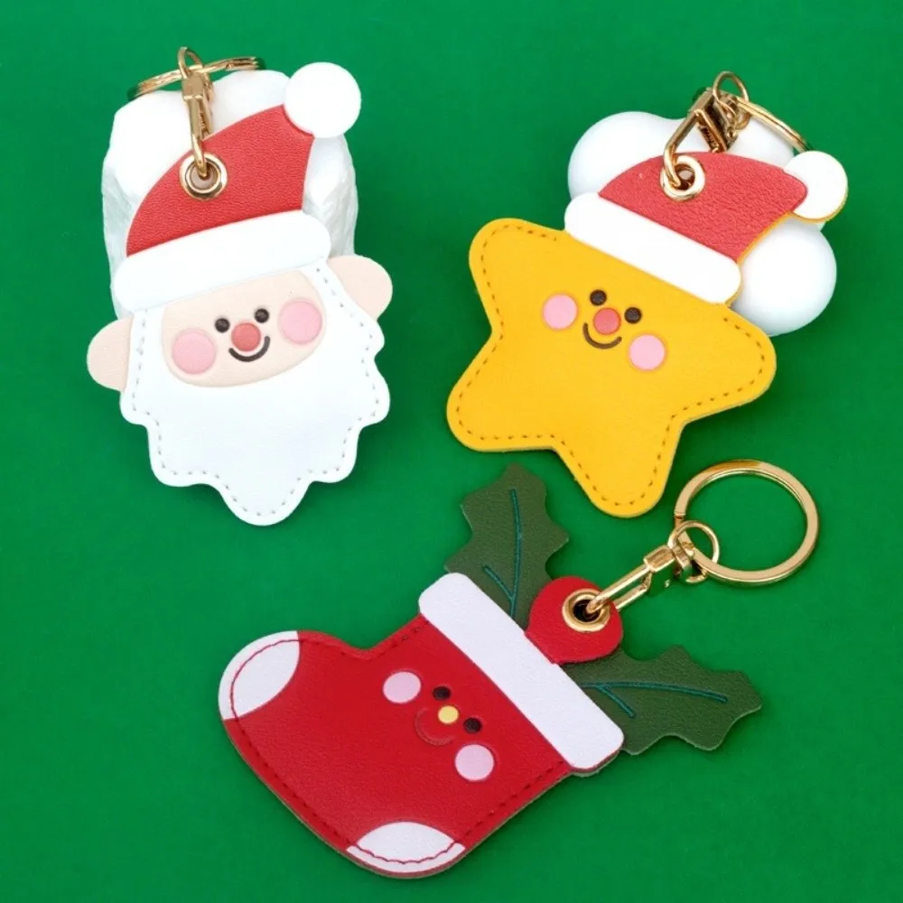 PU Leather Santa Claus Keychain Christmas Stocking Star Christmas Bag Pendant Keyring Cartoon Xmas Access Card Holder Keyfob