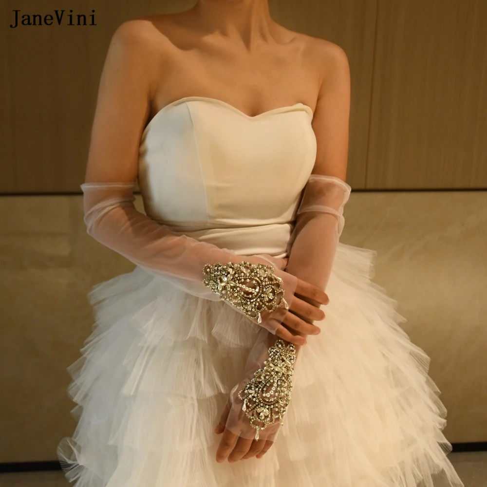 JaneVini Gorgeous Ivory Long Bridal Gloves Sparkly Diamond Pearls Fingerless Tulle Elbow Gloves Wedding Dress Party Accessories