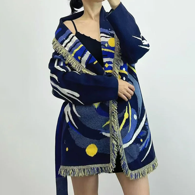 Cardigan feminino com franjas jacquard e gola frontal, jaqueta suéter casual elegante, jaqueta de alta qualidade, inverno, recém-chegado,