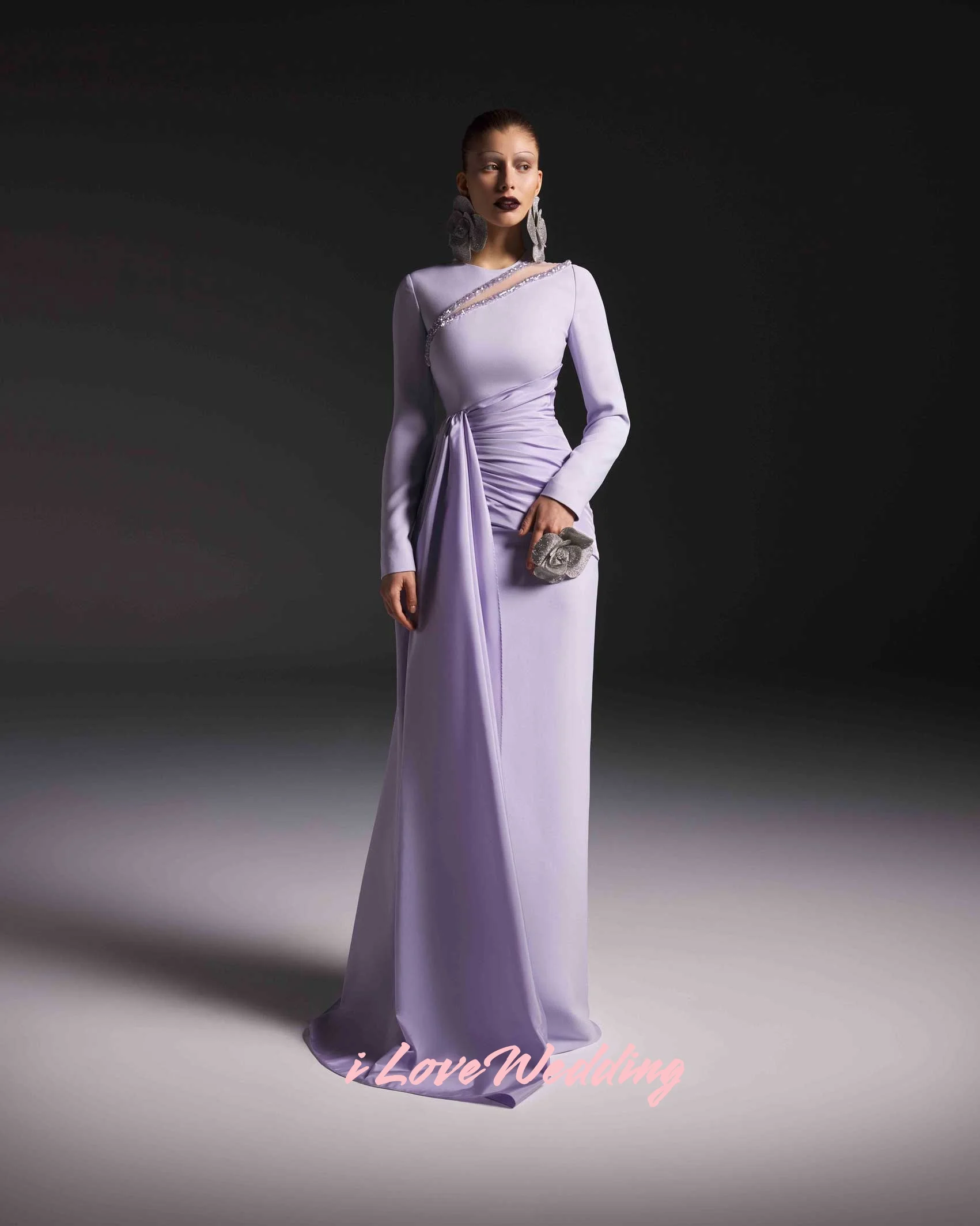 Purple O-Neck Evening Dresses 2025 Long Sleeve Beaded Mermaid Prom Dresses Floor-Length Pleated Wedding Party Dresses Customized