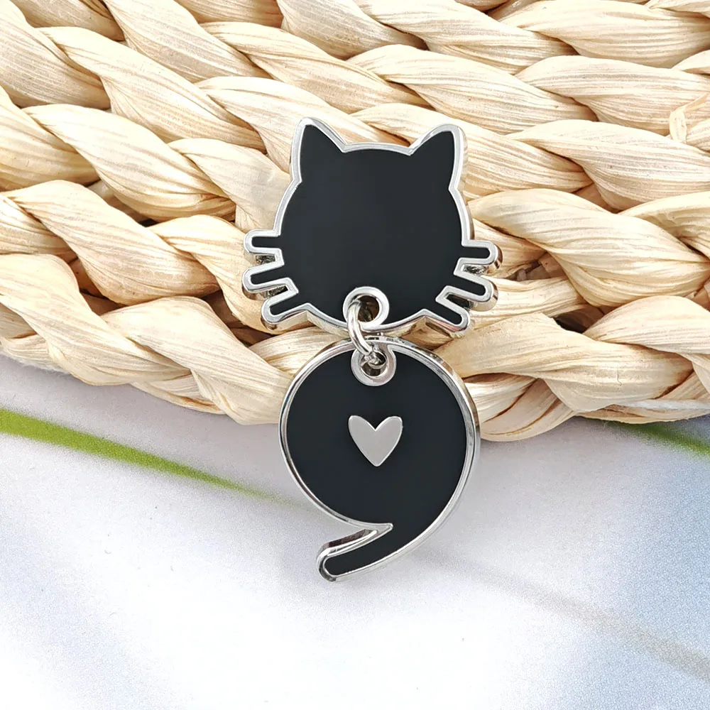 Cute Black Cat Enamel Pin Semicolon Heart Dangle Brooch Mental Health Awareness Tassel Metal Badge Animal Lapel Pin Jewelry Gift