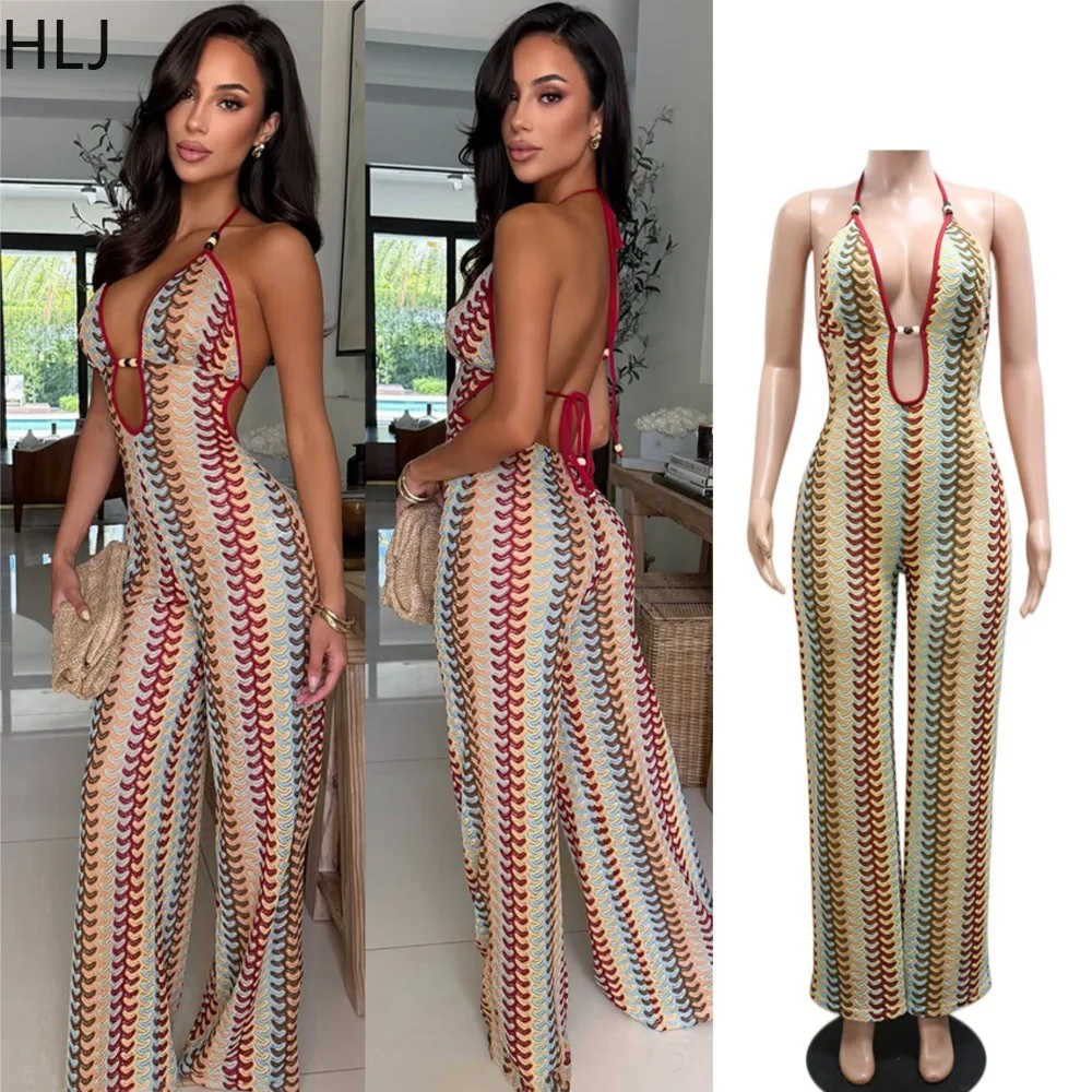 HLJ Sexy Halter Printed Bodycon Jumpsuit for Women Deep V Neck Wide Leg Long Romper Female Beach Holiday Club Party Overalls New