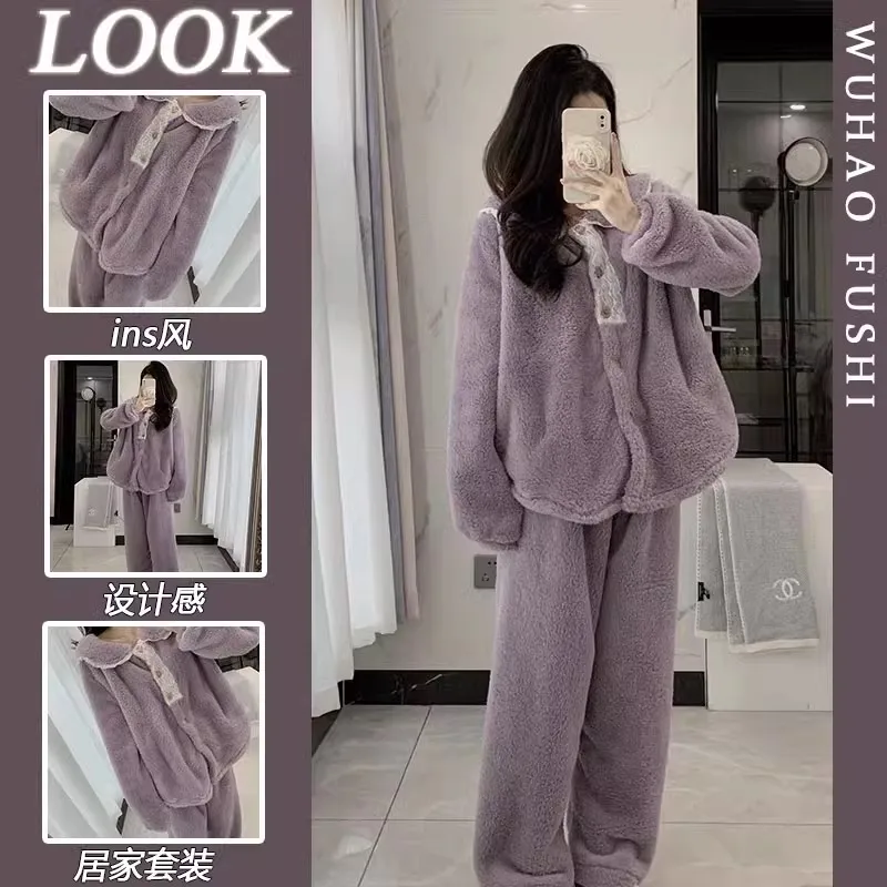 Winter thick cardigan purple lace velvet 2024 Instagram popular coral velvet pajamas women's plush thick home clothing set