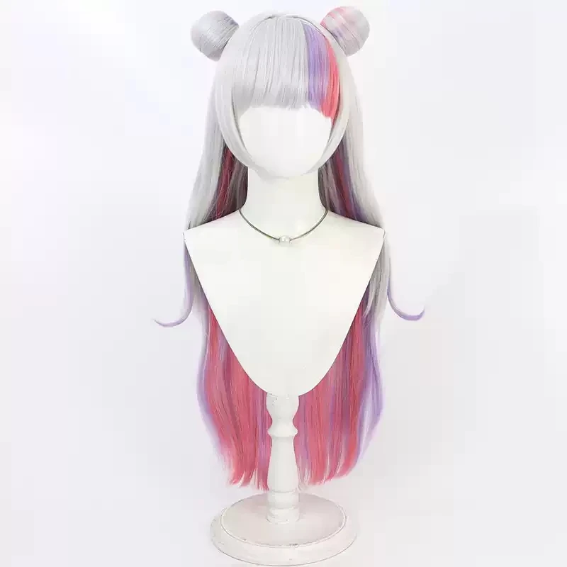 Azur Lane Murasaki Shion Cosplay Wig with Buns 80cm Long Mixed Color Heat Resistant Synthetic Hair Halloween Carnival