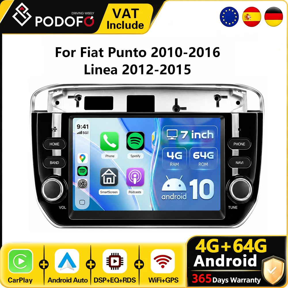 Podofo 7" CarPlay Android Radio für Fiat Punto 2010-2016 Linea 2012-2015 Auto-Intelligenzsystem 2din GPS Stereoempfänger WiFi FM RDS Autoradio 6G+128G Auto-Multimedia-Player