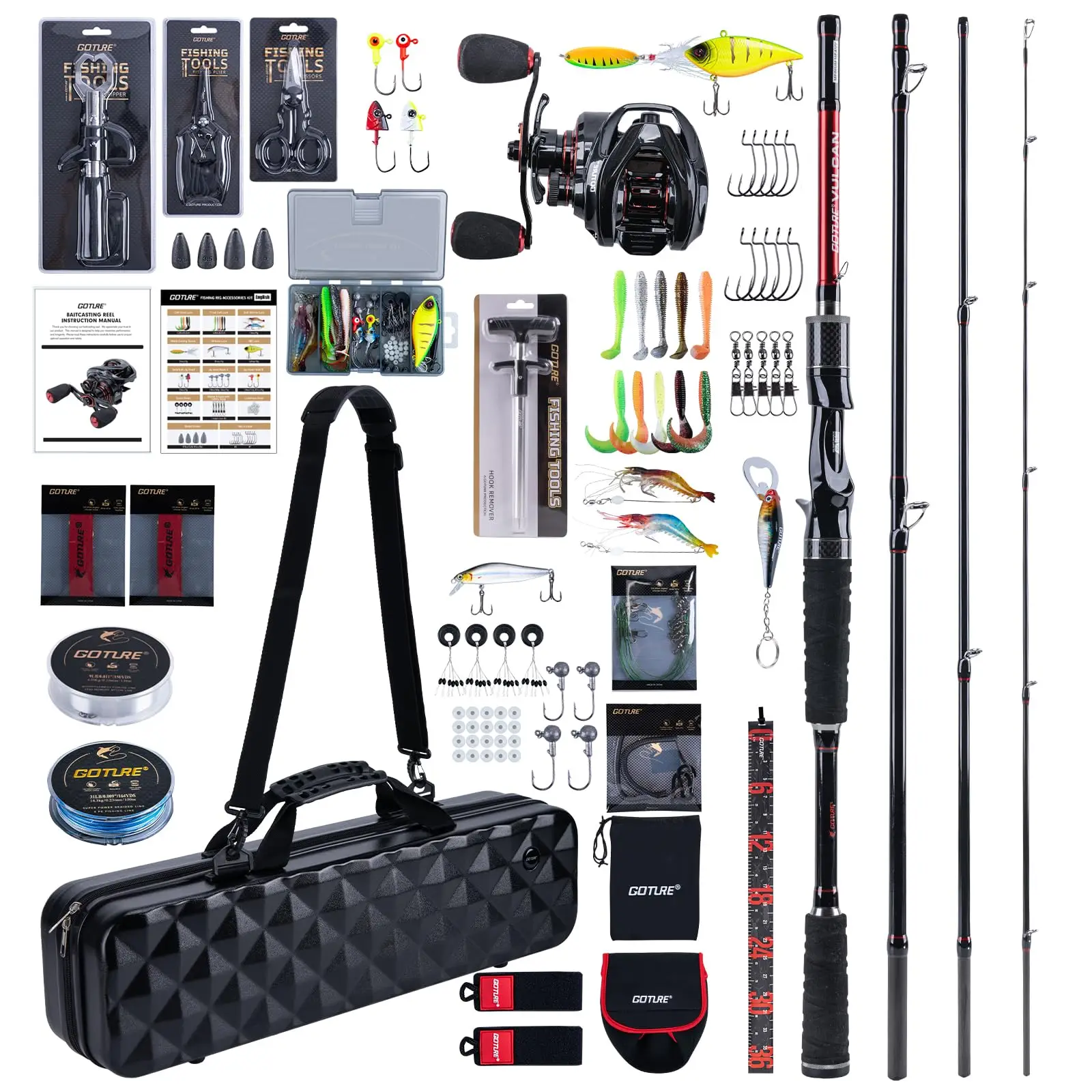 Goture Baitcasting Fishing Rod and Reel Combo,Carbon Fiber 4-Piece Casting Rod with Baitcaster Reel,Full Fishing Accessories Kit