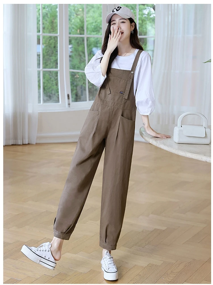

Anti-Aging Casual Workwear Overalls Women's Spring Autumn Loose Korean Sle High Waist Cotton Pants with kets