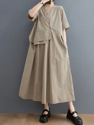 Patchwork Khaki Vintage Summer New In Dresses For Women Korean Fashion Short Sleeve Loose Casual Long Dress Elegant Clothes 2024