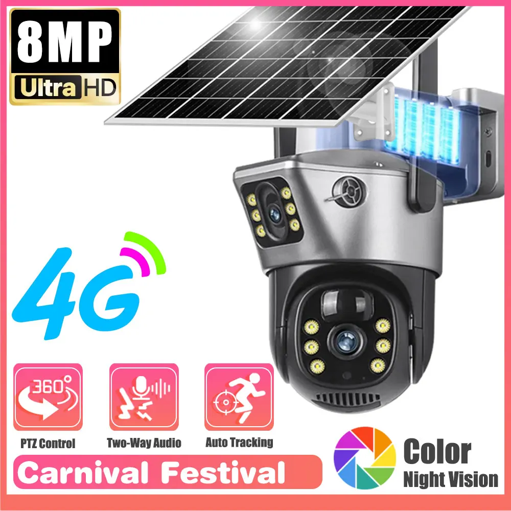 

8x Zoom 4G SIM Solar Camera Outdoor 4K 8MP Dual Lens Color Night Vision IP Surveillance Camera Security Protection PTZ CCTV Cam