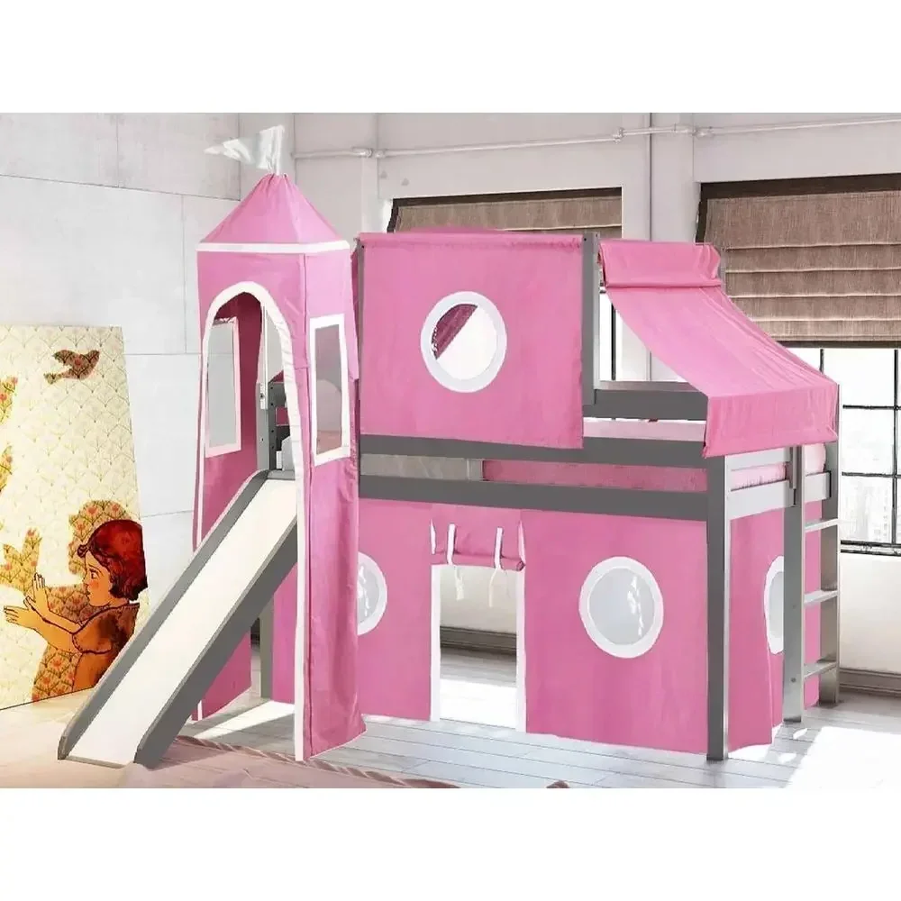 Pink & White Castle-Themed Stairway Bed with Slide and Twin Tent Tower