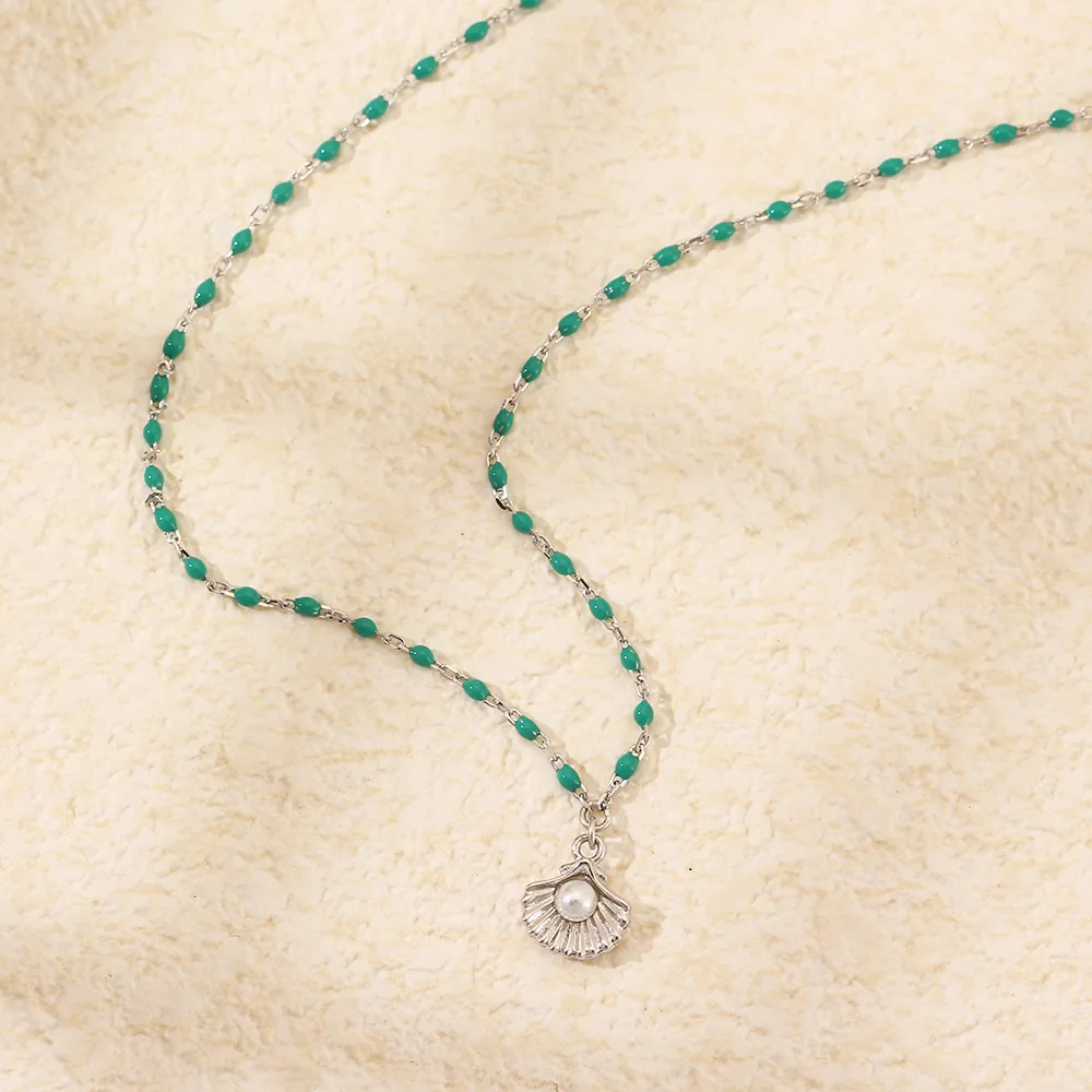 CCFJOYAS European and American Light Luxury 925 Sterling Silver Shell Pearl Pendant Necklace Women Green Enamel Chain Necklace