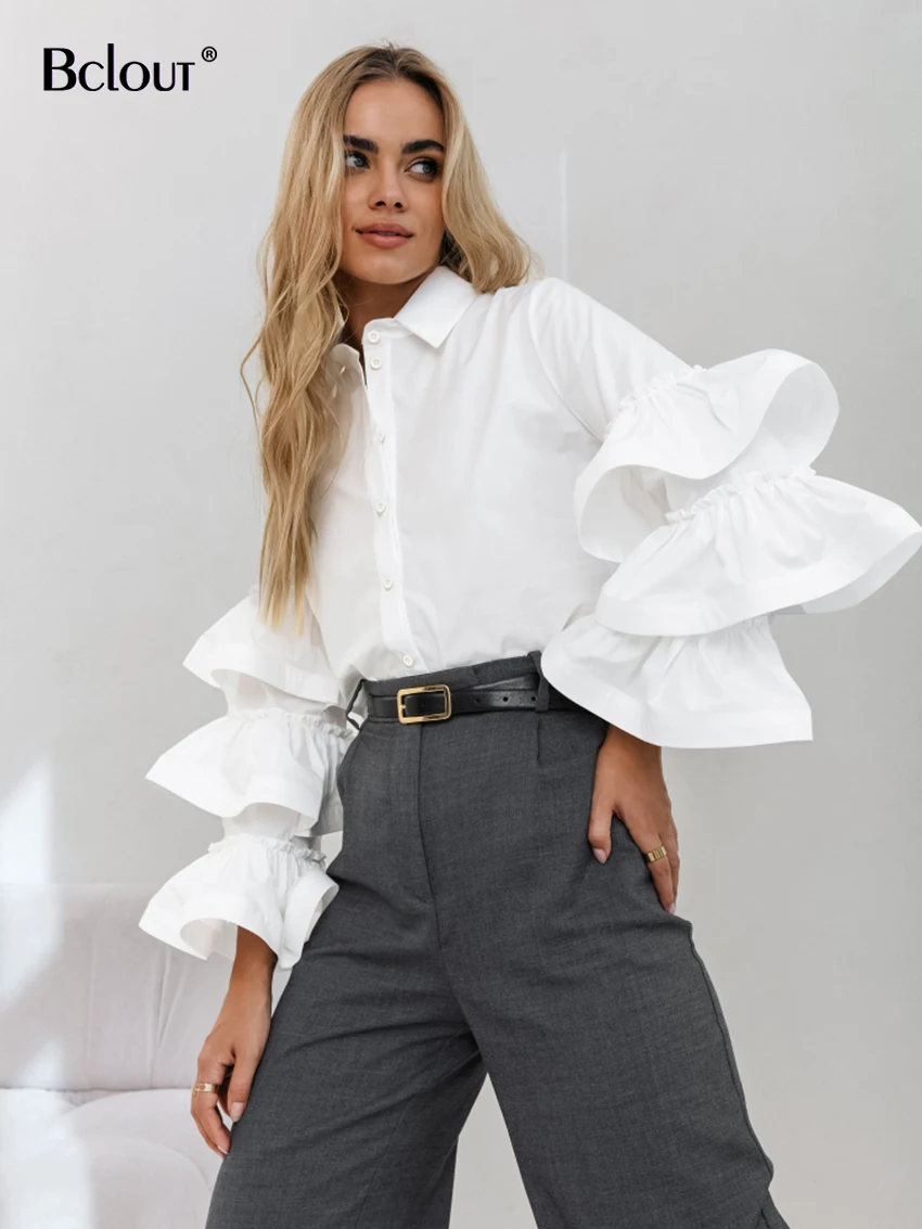 

Bclout Fashion Ruffled White Shirts Blouses Women 2023 Elegant Khaki Office Lady Loose Shirts Autumn Patchwork Party Blouses Top