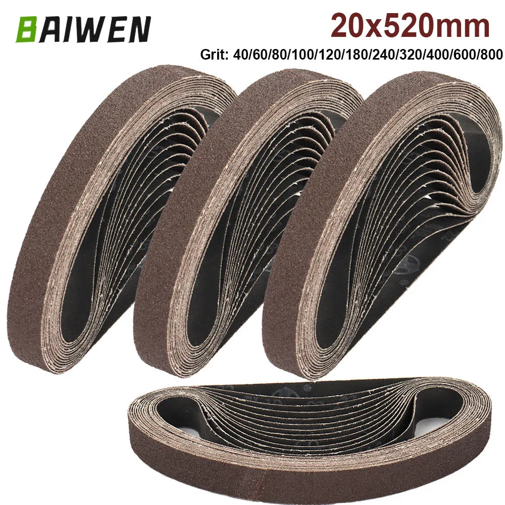 10 pcs/set 520*20mm Sanding Belts 40-800 Grits Sandpaper Abrasive Bands For Belt Sander Abrasive Tools Wood Soft Metal Polishing