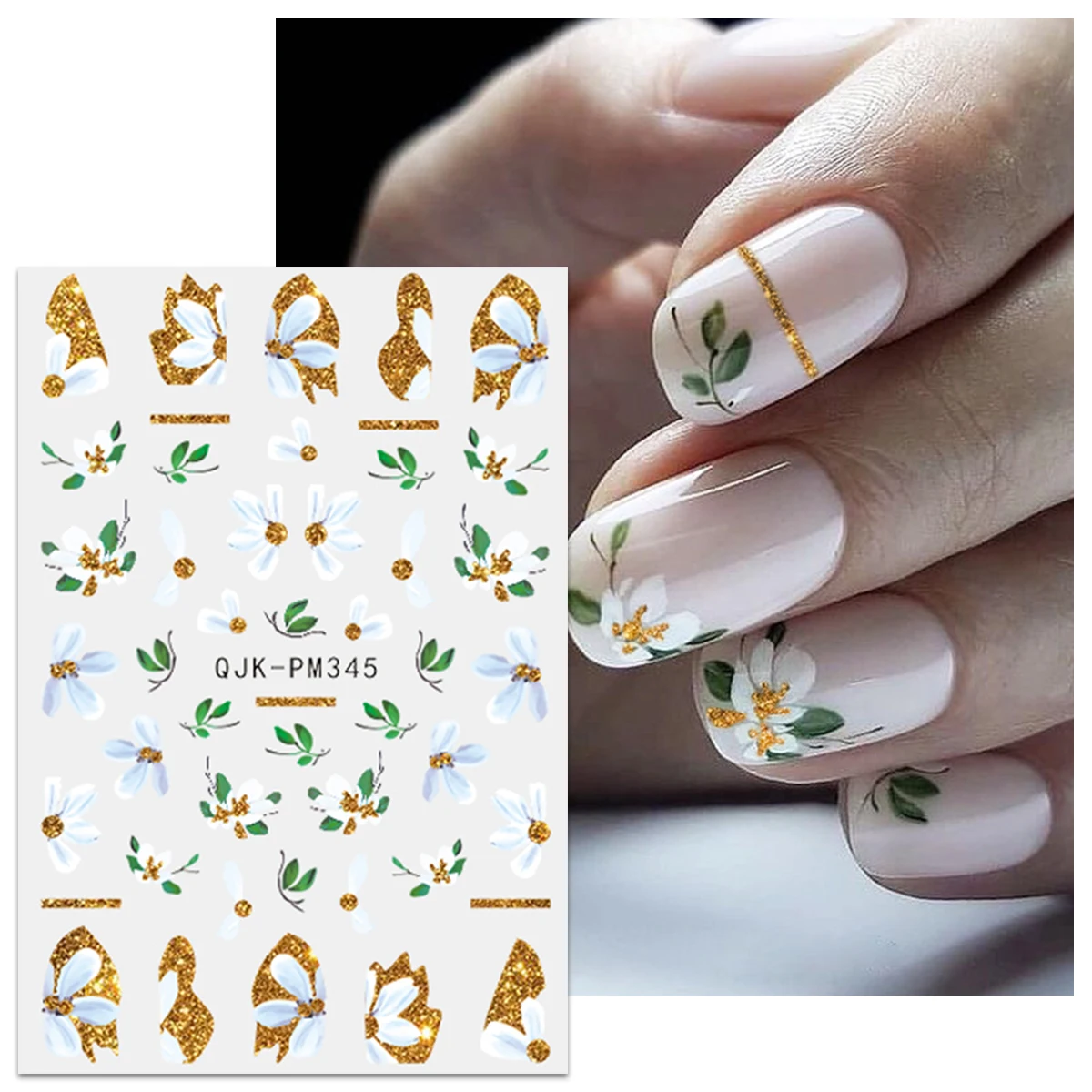 4pcs spring floral French gold glitter nail art stickers, easy to apply for nail decoration, DIY, gift, party makeup styling