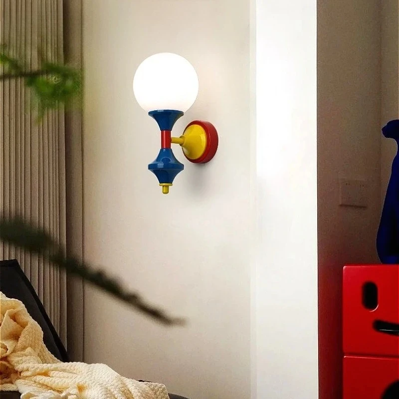 

Colorful Bedside Wall Lamp, Vintage Sconce for Kid's Room Kindergarten, Iron & Glass LED Lighting Fixture with Pull Cord Switch