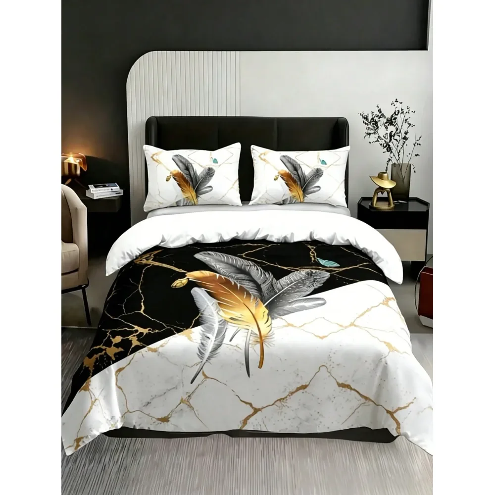 

3pcs Luxury Marble Feather Bedding Set Duvet Cover Set 1 Duvet Cover 1 2 Pillowcase Without Pillow Insert Modern Gold Line Feat