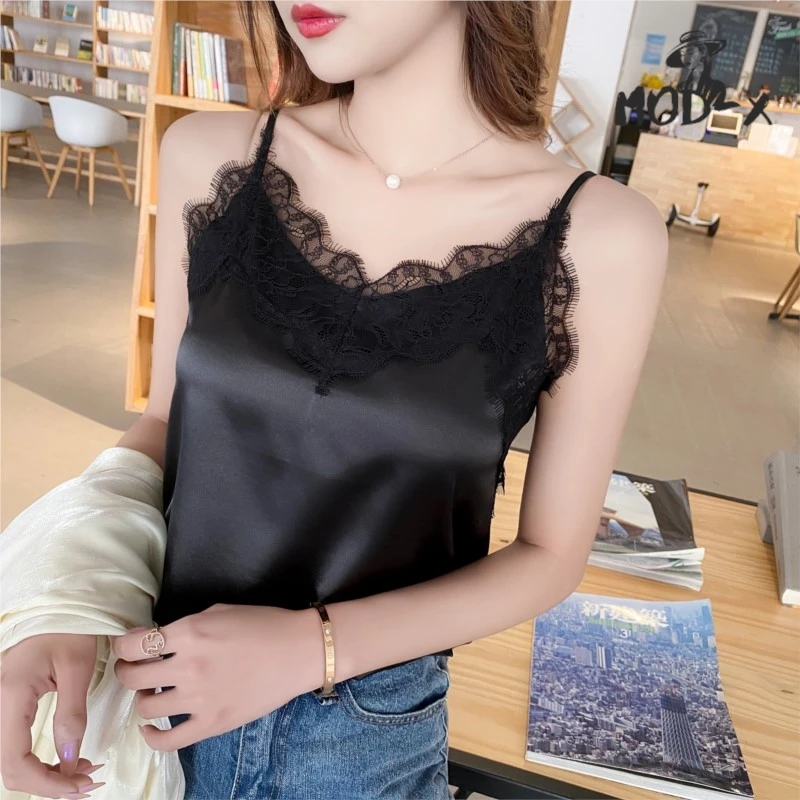 Women's Real Camisole Vest Female Simulation Silk Lace Splicing Sexy Sleeveless Bottoming Shirt Netflix Suit Direct Sales