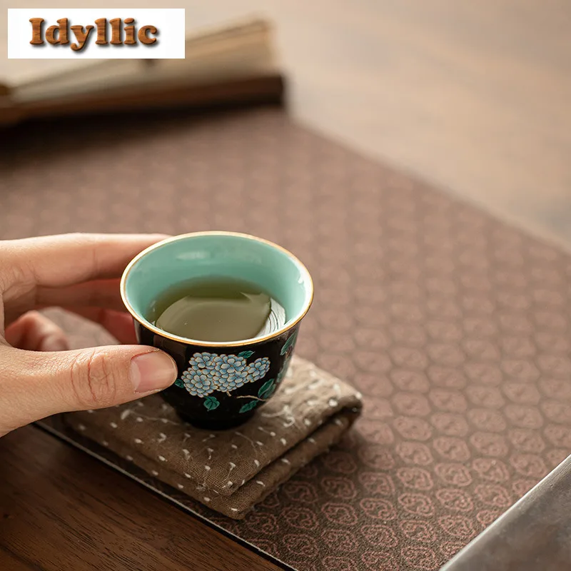 Cloisonn É الأسود المزجج المطرزة الكرة زهرة فنجان الشاي الرجعية وعاء الشاي لطيف كوب الشاي تذوق كوب شخصي Jianzhan ماستر أكواب الشاي #4