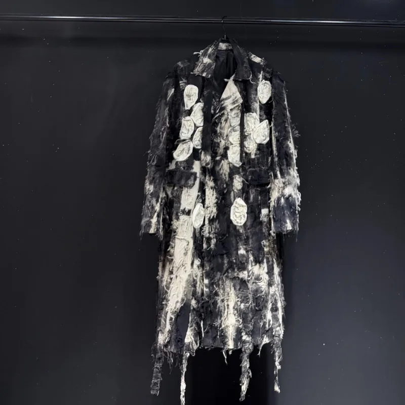 WVGA Otoño Invierno nuevo hombre tendencia Vintage Patchwork gabardina de moda nicho elegante Casual cuello vuelto Tops de longitud media W12974