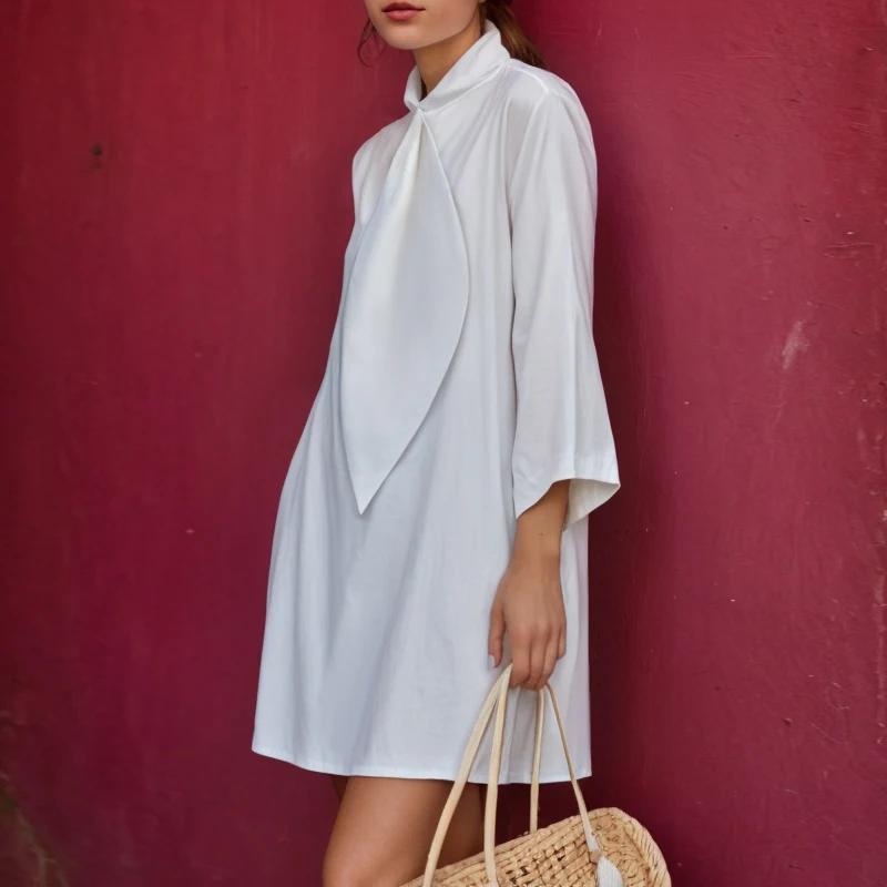 فستان نسائي أسود فضفاض من القطن 100% لخريف 2025 قميص قصير أنيق جديد بسيط أنيق بياقة واقفة وأكمام طويلة فساتين للمرأة