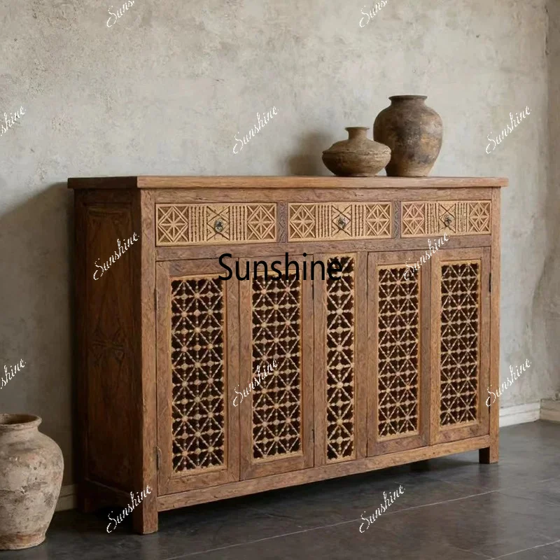 Living room minimalist side cabinet, furniture solid wood carving flower shoe cabinet