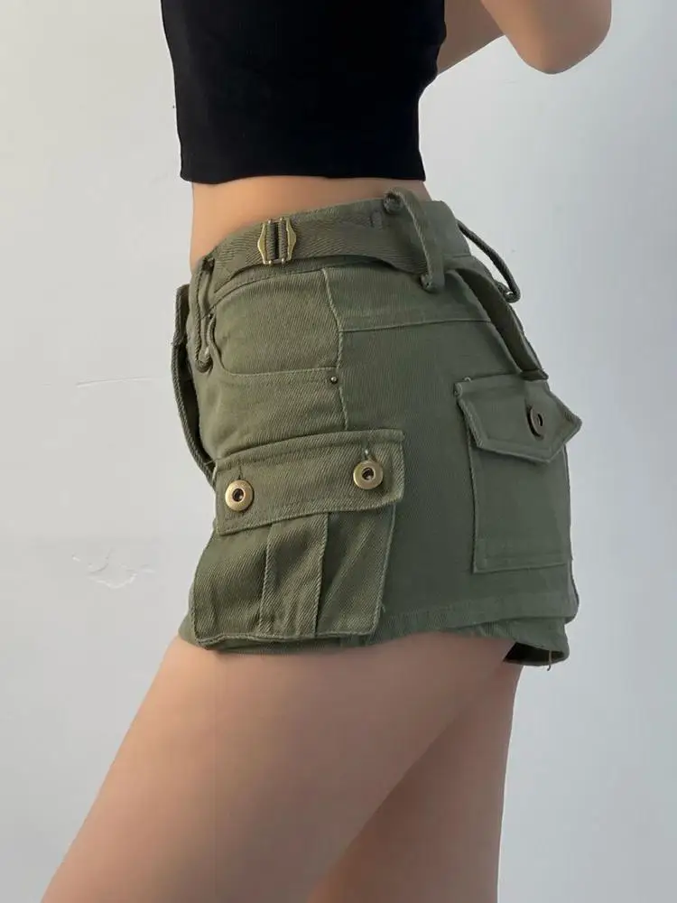 American Y2k Spice Girls Pockets Cargo Skirt Sexy Low-rise Denim Skirt Women Summer New Super Short A-word Hip Skirt