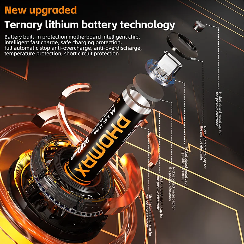 PHOMAX Baterai Lithium-ion AA Isi Ulang Li-ion Sel Silinder 1.5V untuk Keyboard dan Mouse Nirkabel