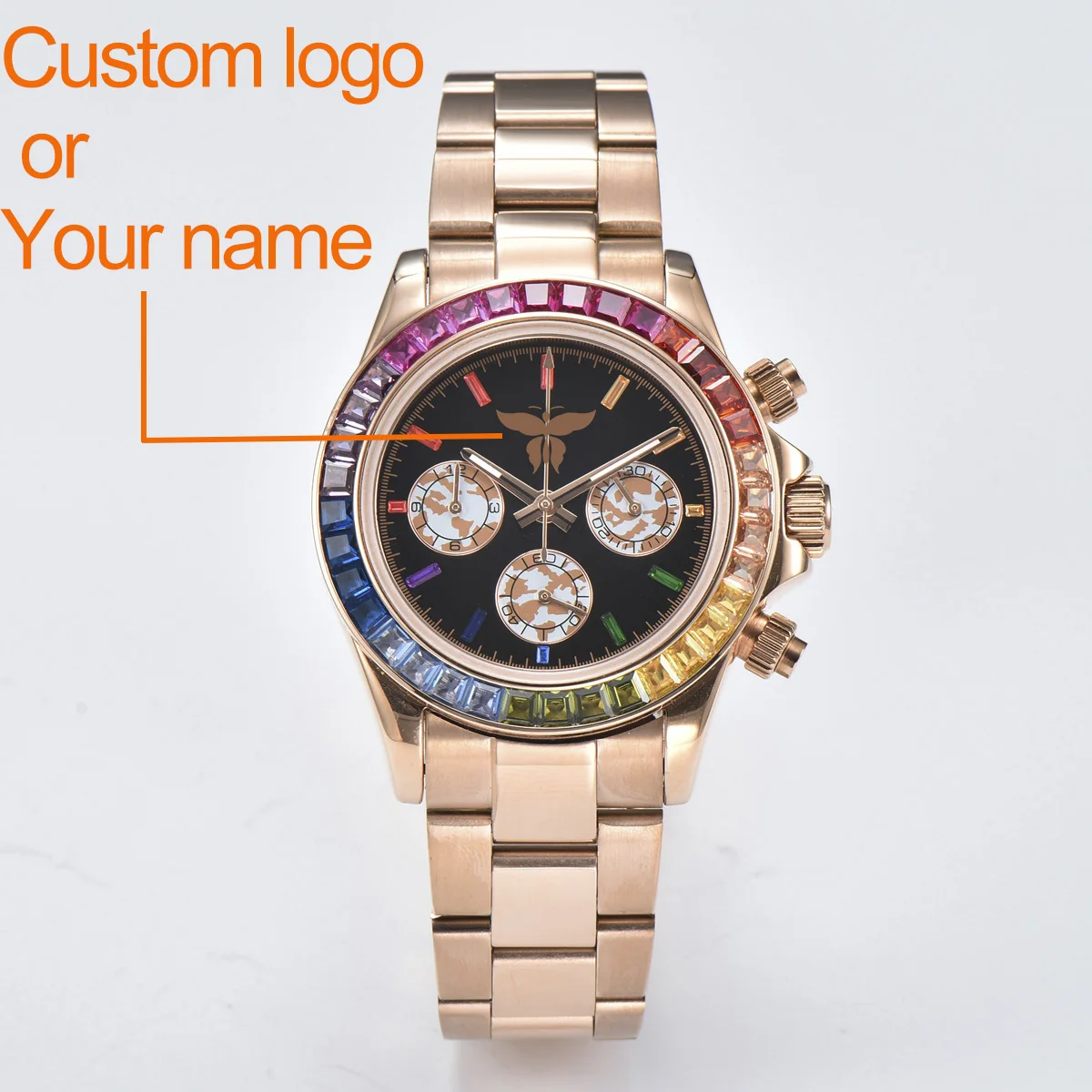 

LOGO Custom VK63 Quartz Movement Rainbow Crystal Case Rainbow Dial Multifunctional Timing Waterproof Watch