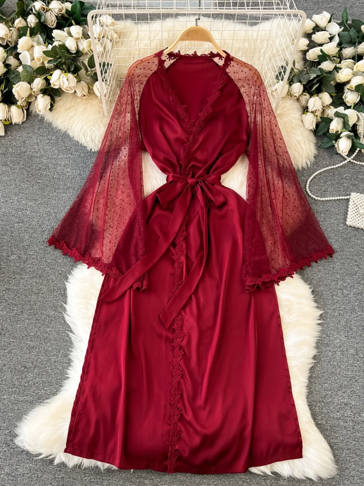 

Elegant Lace Splice Long Women's Cardigan Shawl Open Front Coat Pure Desire Style Drawstring Waist Sleepwear Robe Commute Sty...