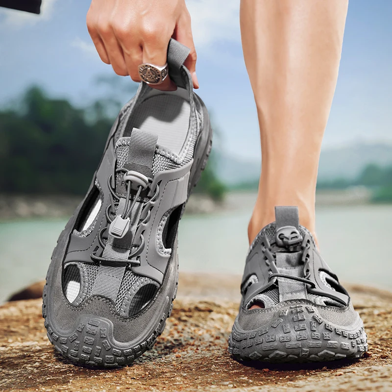 Classic Grey Hiking Sandals Men Summer Mesh Outdoor Beach Men's Sports Sandals Platform Breathable Hollow Out Walking Shoes Man