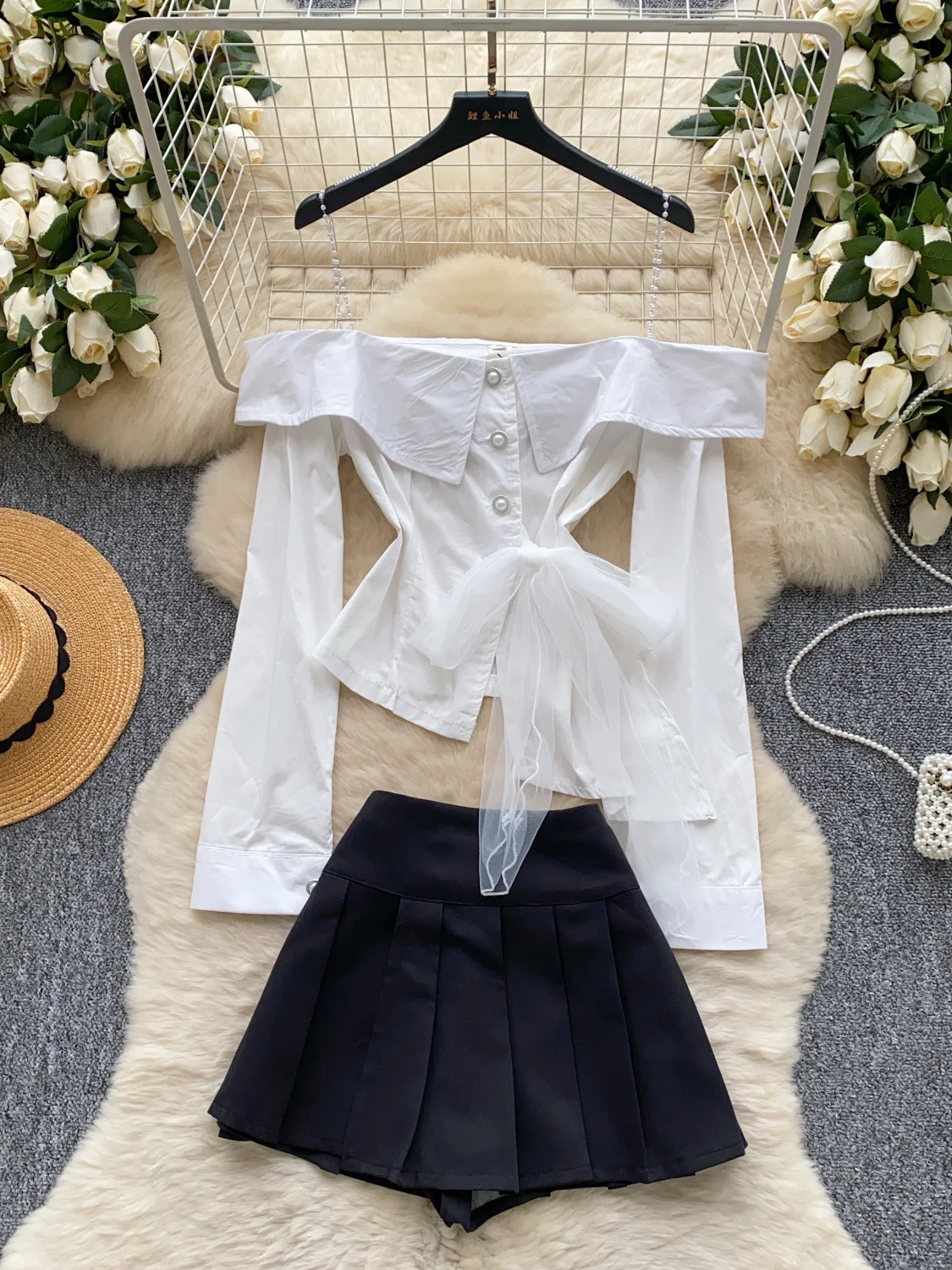 Long Sve Me One oulder irt High Waist Pleated  Skirt Two Piece Set Faionable Young Women's Summer Outfit