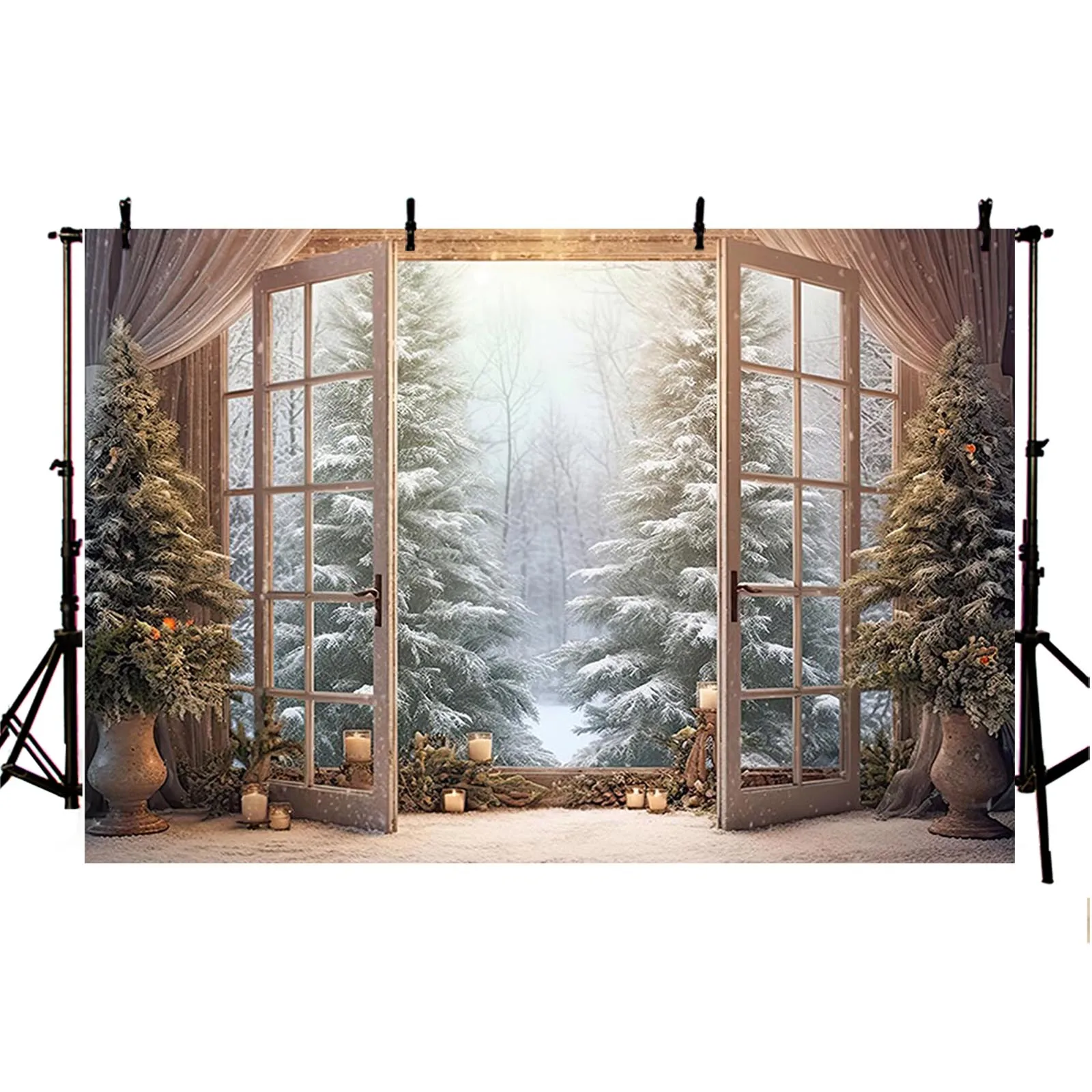 Photography Background Big Window Snow Winter Christmas Party Decorations Trees Santa Gift Backdrop Kids Portrait Photozone