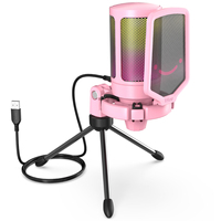 FIFINE USB Gaming PC Microphone for Streaming Podcasts,AmpliGame RGB Computer Condenser Desktop Mic for studio/Video-Pink