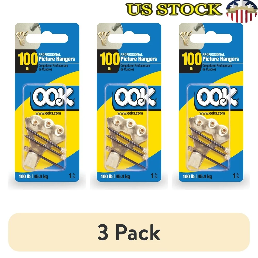 Confezione da 3 ganci professionali per quadri, finitura in ottone, montaggio a parete in acciaio, riutilizzabili, resistenti, capacità di 100 libbre, cartongesso e intonaco