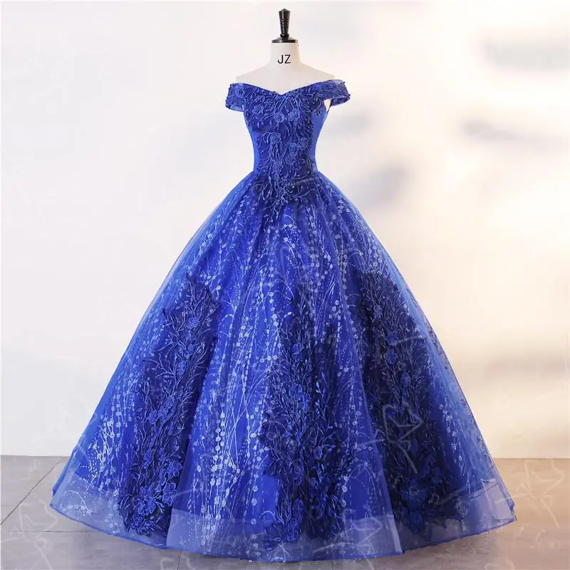 

Off The Shoulder Pearls Blue Quinceanera Dresses Sweet Floral Lace Appliqued Luxury Ball Gown Classic Boho Vestidos For Girls