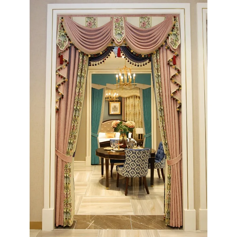 European-style large flower curtain living room luxury atmosphere American villa French court curtain high-end bedroom pink
