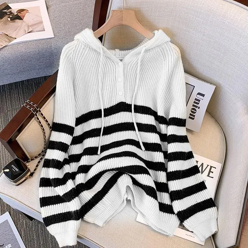 Women Clothing 2023 Autumn Winter Trendy Button Striped Hooded Knitted Sweater Casual Streetwear Loose Long Sleeve Pullover Tops