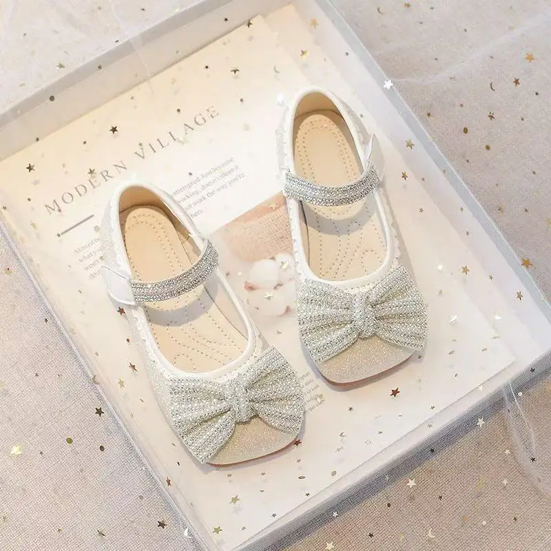 Princess Flat Children's Shoes for Girl Mary Jane Loafers Sneakers Kids Party Shoes Fashion Rhinestone Bow Leather Shoes 6 Year