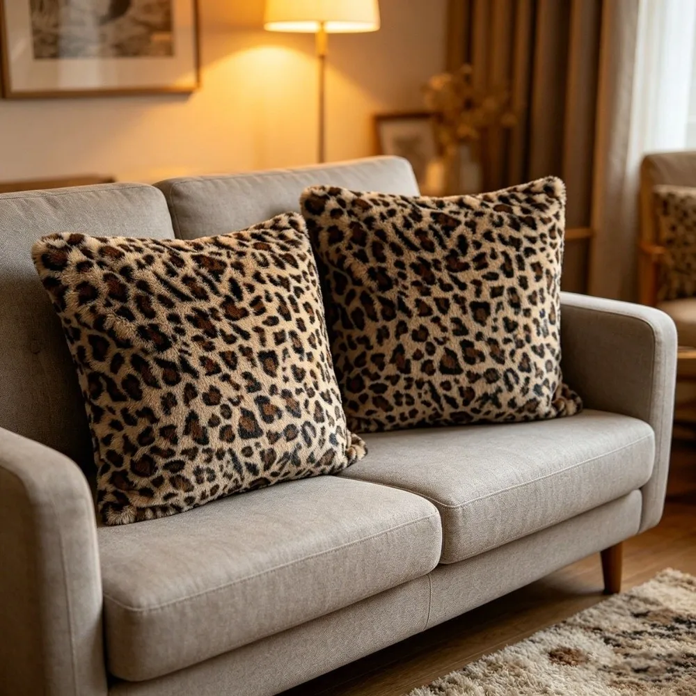Classic Leopard Print Throw Pillow Cover 45x45 Size Double Side Cushion Cover Zipper Closure Faux Fur Pillowcase Bed Decor