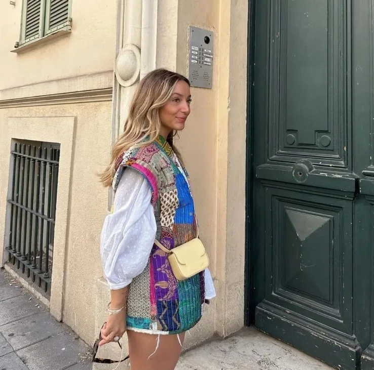 Women's Sleeveless Printed Cotton Vest Colorful Patchwork Quilted Vest Bohemian Sleeveless Gilet With Mixed Prints Casual CKHB