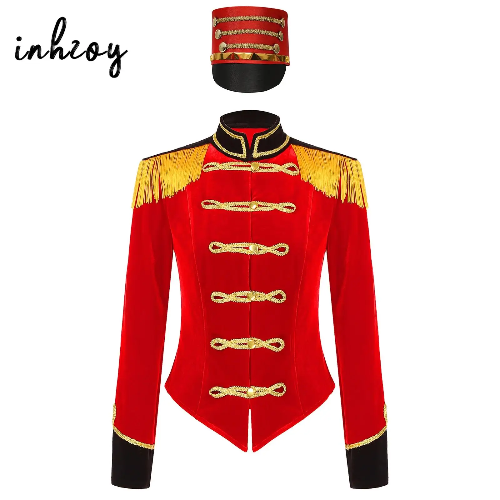 Womens Marching Band Drummer Costume Long Sleeve Circus Ringmaster Jacket Nutcrackers-hat Honor Guard Uniform Drum Major Outfits