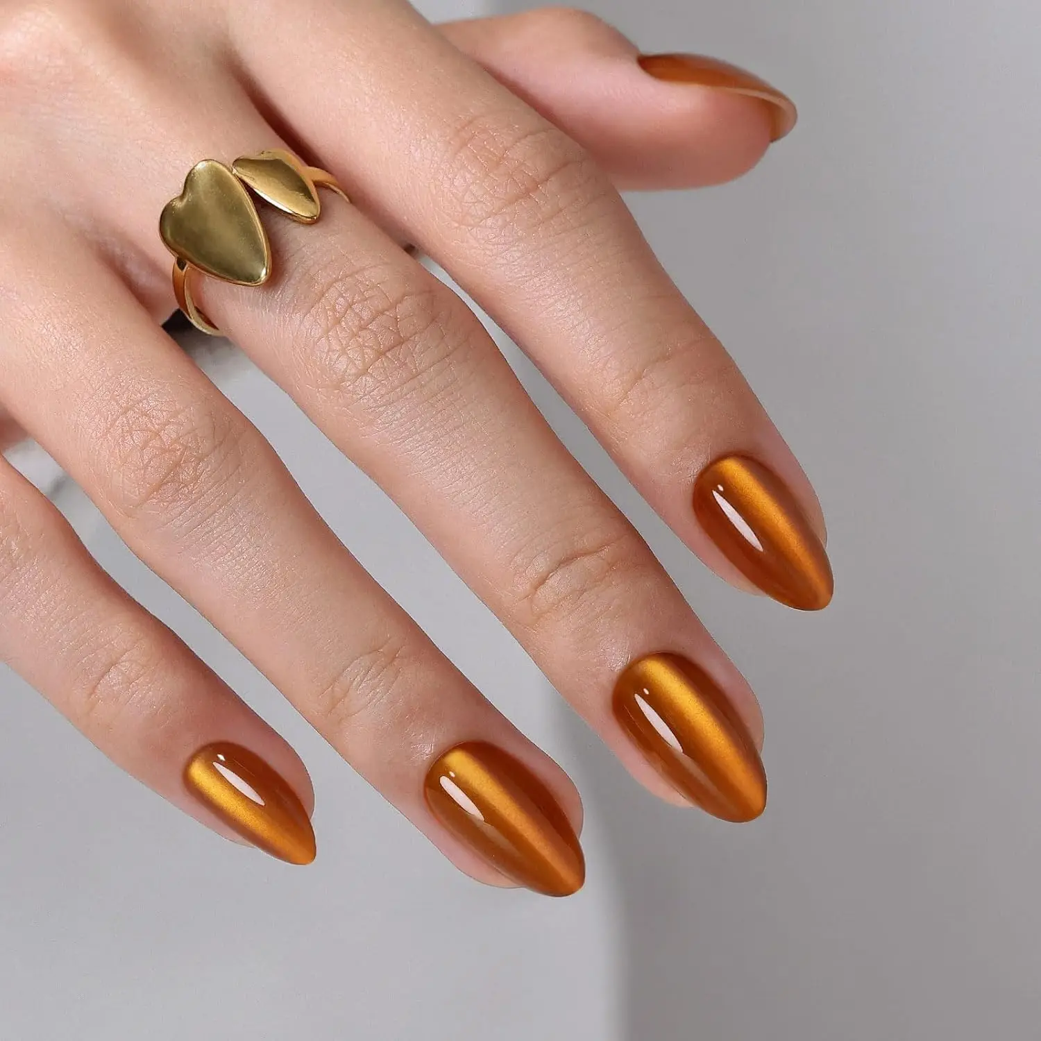 

Short Almond Press On Nails - Amber Cat Eye, 32 Pcs Reusable, Salon Quality