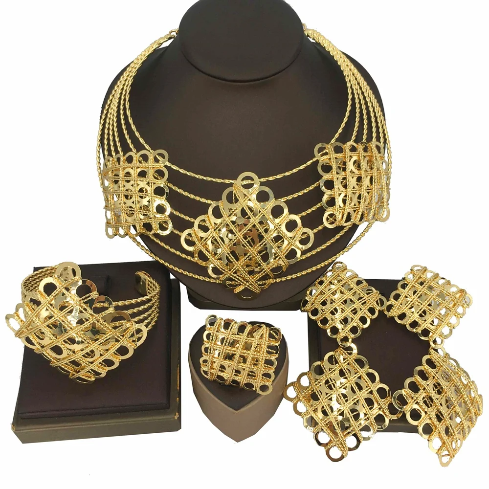 Fashion Dubai Gold Plated Jewelry Set Simple Style African All Copper Material Hollow Surround Necklace FHK16028