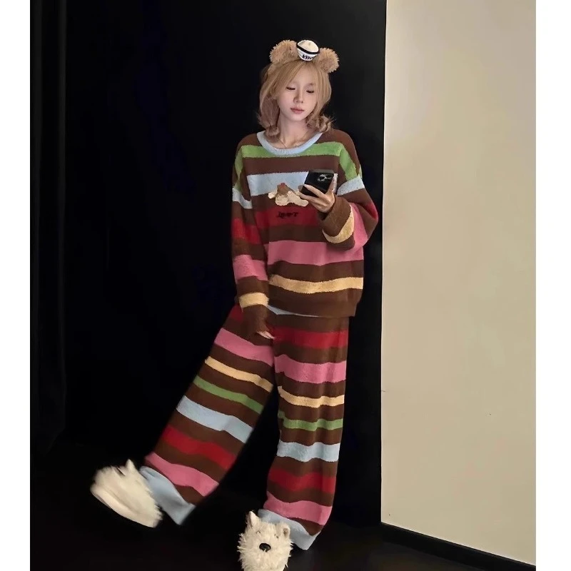 Dopamine Contrasting Color Striped Half Fleece Pajamas Women Winter New Thickened Coral Fleece Home Wear Set Can Be Worn Outside