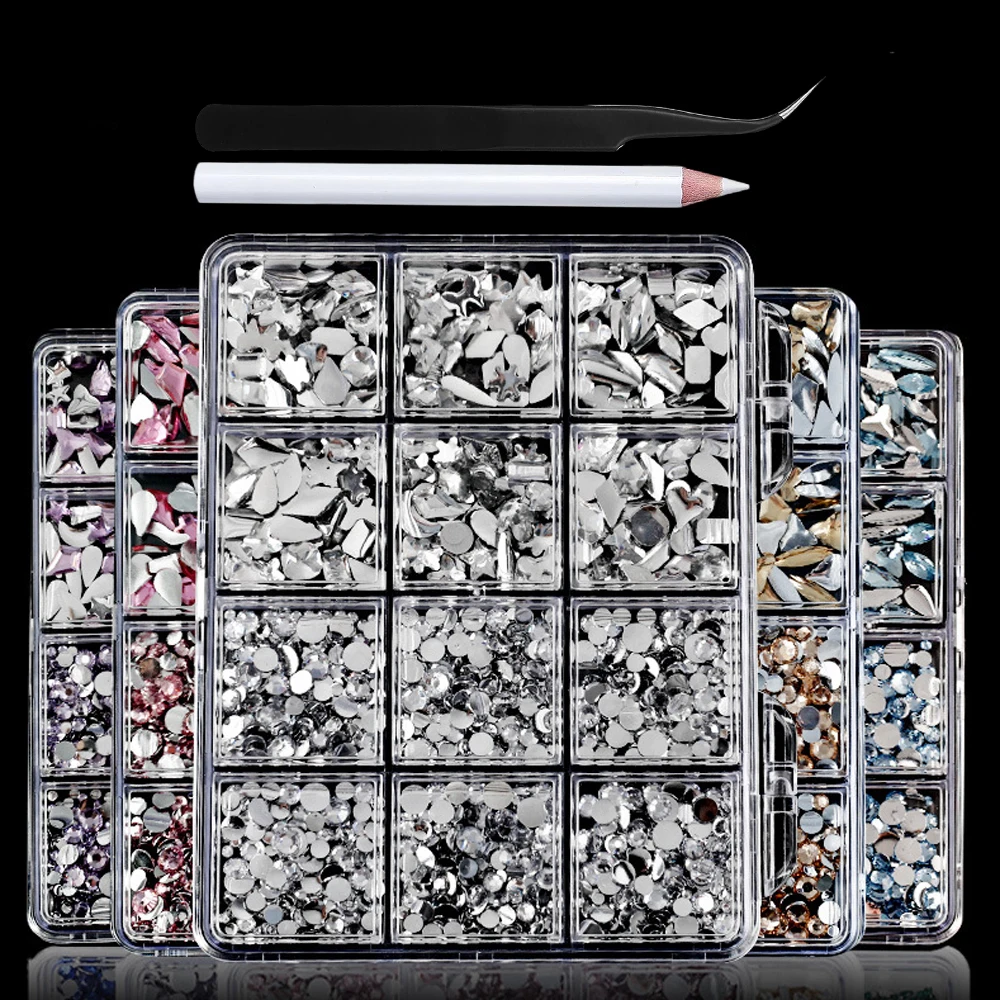 Kit de 12 rejillas de resina mixta para uñas, diamantes de imitación de cristal con parte posterior plana, joyas para uñas con recogedor de lápiz, pinzas, manualidades de manicura