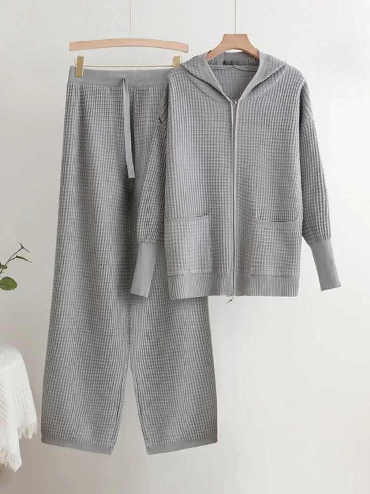 

Korean Casual Knitted 2 Piece Sets Casual High Waist Sweatpants Outfit Women Hooded Zipper Knitwears Sweater Cardigan Tracksuit